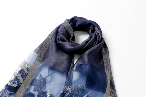 Jeelow Long Silk Blend Embroidered Floral Shawl Scarf Wrap for Women - color: Navy Flowers