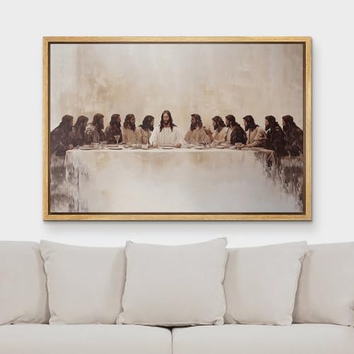 MUDECOR Framed Canvas Print Wall Art Biblical-Inspired Last Meal Scene Neutral Religious with Jesus and Disciples Illustrations Fine Art Decorative Farmhouse Retro for Bedroom - 16"x24" Natural - color: A10-2507-m02, size: 24"L x 16"W