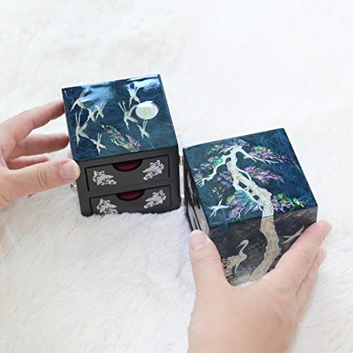 MADDesign Mother of Pearl Twin Cubes Jewelry Box Crane Pine Tree Blue - color: Blue