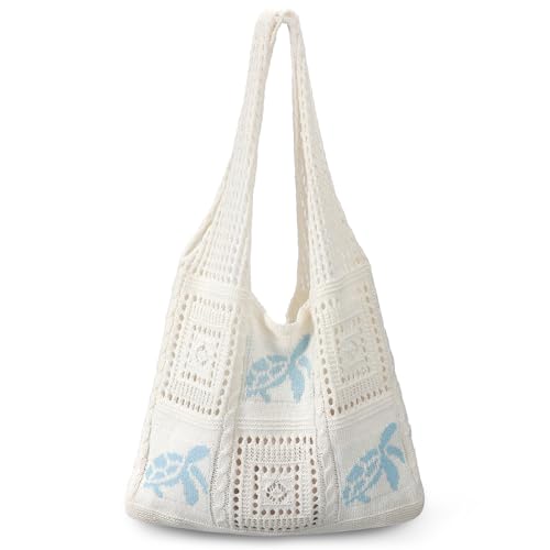 hatisan Crochet Bag for Women, Handmade Knit Beach Tote Bag Summer - color: Blue Turtle