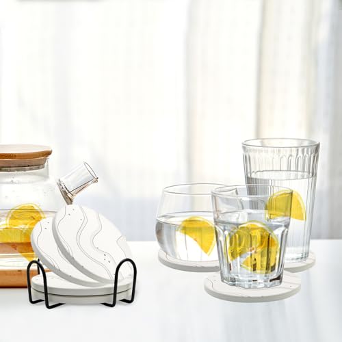 Absorbent Ceramic Drink Coasters Set of 4 with Metal Holder Round 4 Inch - style: 4 coasters Style C