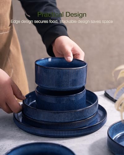 Famiware Star Stoneware Dinnerware Sets for 8, Reactive Glaze Plates, Bowls - color: Nebulas Blue