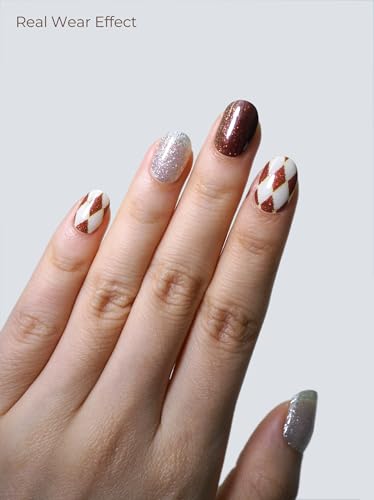 Real Gel Nail Strips (No UV Light Needed) - 44Pcs Salon Quality Nail Stickers - Long Lasting Polish Wraps for Women, Easy Apply & Remove (Brown Check) - color: Brown Check Sparkle