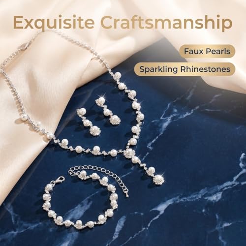 Pearl Bride Wedding Jewelry Set Faux Pearls Crystal Rhinestone Necklace Earrings Bracelet Sets for Women Bridesmaid(3 PCS) - color: Silver-White-3Set