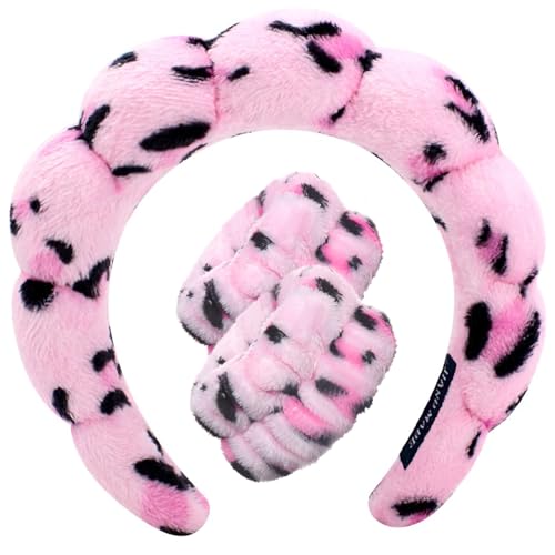 Tetizo Spa Headbands for Washing Face Wristband Set Sponge Makeup Skincare Headband Wrist Towels Bubble Soft Terry Towel Cloth Hairband for Women Puffy Headwear Non Slip Thick Thin Hair - color: Leopard rose red