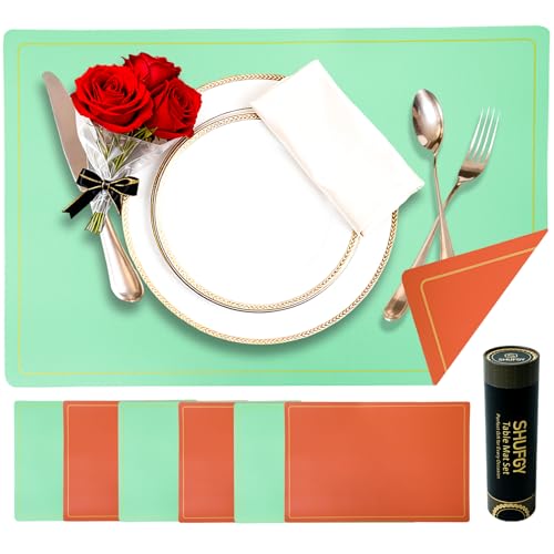 Faux Leather Placemats Set of 6, 11.8"x17.7", Green & Orange - color: Green & Orange, size: Set of 6