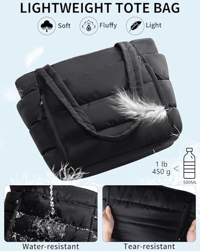 Bagstellar Puffer Tote Bag for Women, Lightweight Puffy Travel Gym Work Bag - color: Black