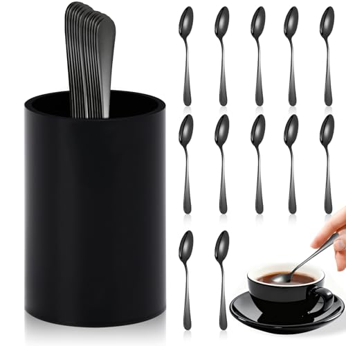 12 PCS Black Coffee Spoons with Holder 4.92 Inch Mini Coffee Spoons Small Espresso Coffee SpoonsBlack Dessert Spoons Stainless Steel Tea Spoons Set of 12 for Tea Party Coffee Bar - color: Black