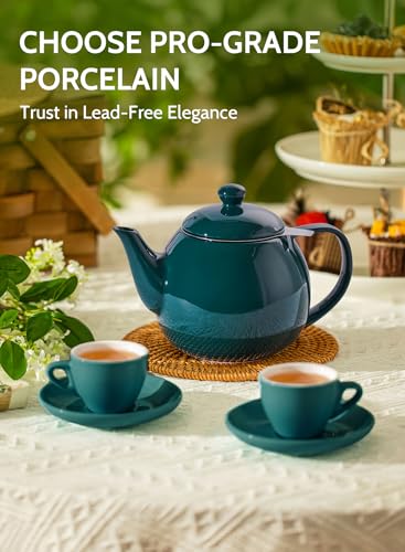 Sweese Teapots for Tea, 27 oz Porcelain Tea pot with Removable Stainless Steel Infuser, Tea Pots for Loose Tea - Dark Green - color: Dark Green, size: 27oz (with infuser)