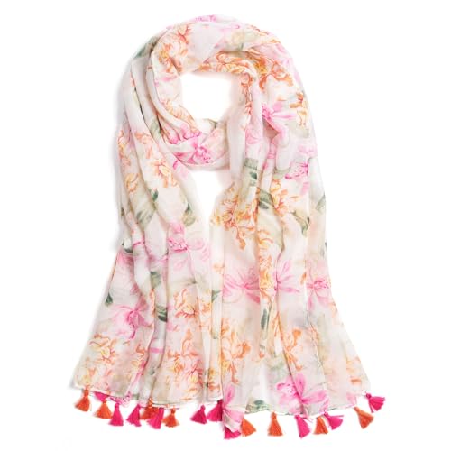 QIUTIMIY Scarf for Women Lightweight Soft Floral Leopard Printed Scarves Fall Winter Fashion Shawl Wrap with Fringe - color: Flower-pink Orange
