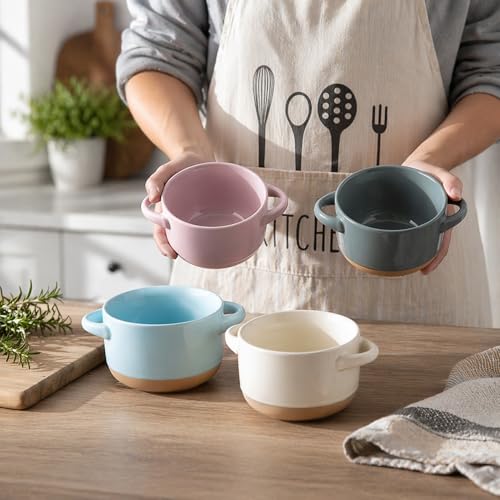 AmorArc 24 oz Soup Bowls with Lids, Ceramic Soup Containers with Handle - color: Beige&Gray, size: Set of 2