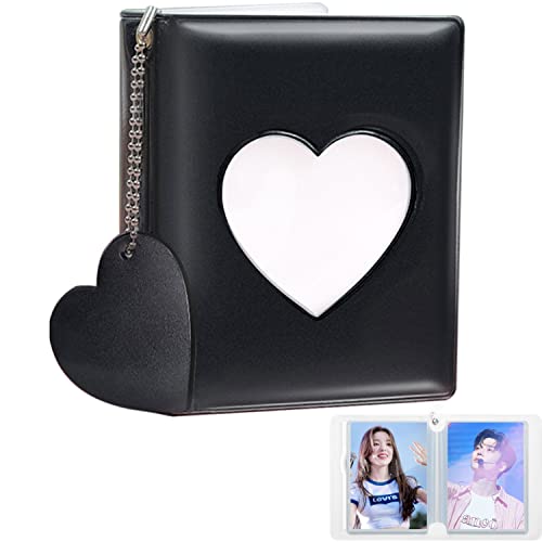 3 Inch Kpop Photocard Holder Book, Mini Photo Kpop Album Kpop Photocard Binder, Love Heart Hollow Kpop Photocard Binder Collector Book 32 Pockets Portable Photo Card Holder with Love Heart Pendant - color: Black