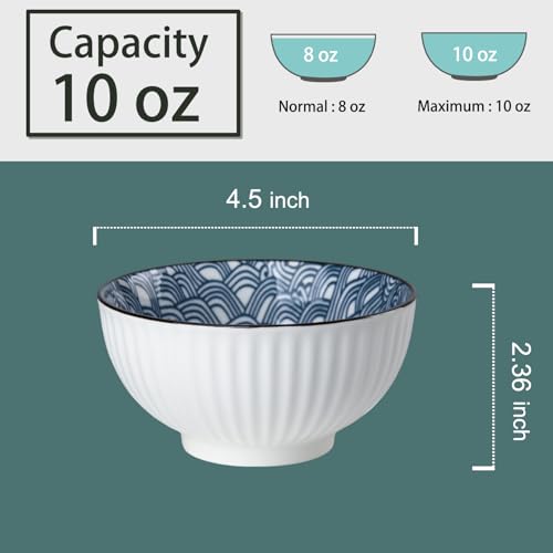 10 oz Small Ceramic Bowls Set of 6, 4.5 Inch Japanese Blue and White Bowls for Ice Cream, Rice, Dessert, Snack, Dipping, Microwave and Dishwasher Safe - Wave Pattern - size: Wave Pattern