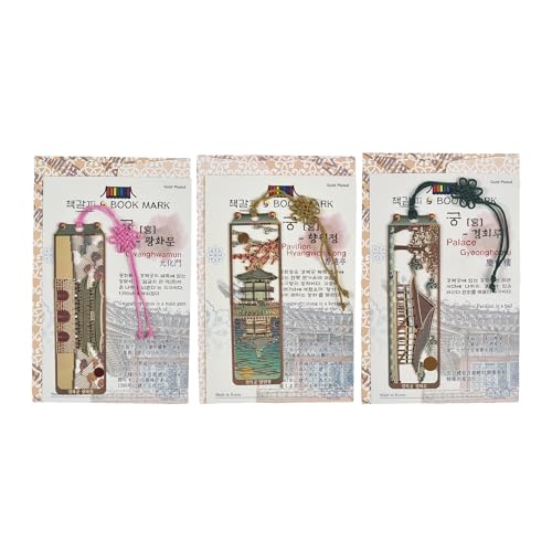 Korean Palace Gold Bookmarks - Gyeongbokgung 3-Piece Set with Traditional Tassels - Korean Souvenir New Year & Chuseok Gifts