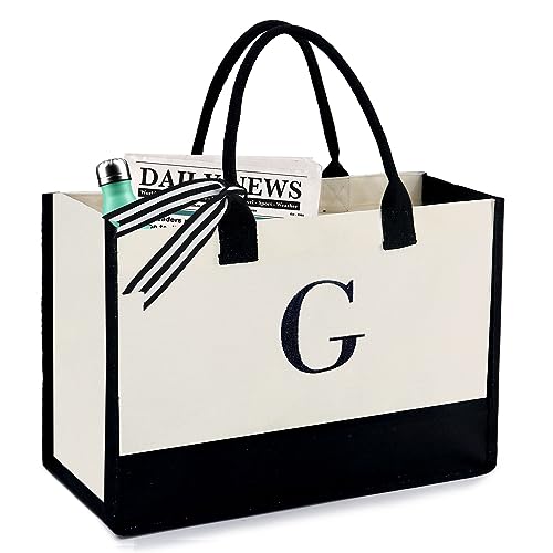 BeeGreen Embroidery Monogram Initial Tote Bag for Women Teacher Mom Friend Personalized Gift for Birthday Beach Work Wedding - color: Natural & Black, style: G