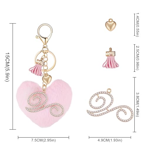 Initial Letter Heart Pom Pom Keychain for Women Pink Soft Fluffy Ball Key Ring for Purse Backpack Handbag - color: V
