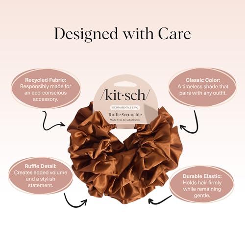 Kitsch Ruffle Satin Scrunchies For Women - Gentle Hair Tie - Camel, 1pc - color: Camel