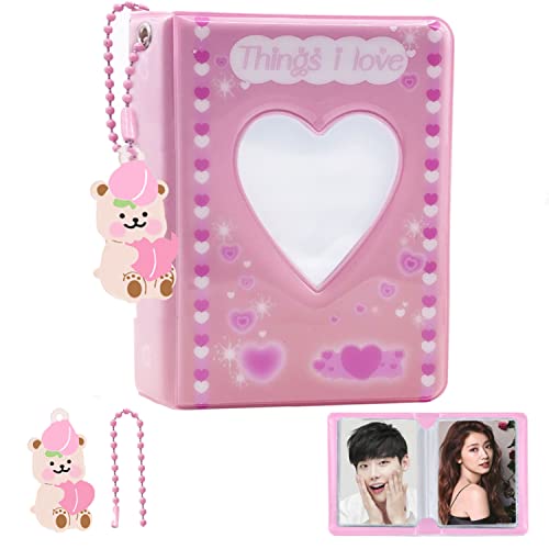 3 Inch Kpop Photocard Holder Book, Mini Photo Kpop Album Kpop Photocard Binder, Love Heart Hollow Kpop Photocard Binder Collector Book 40 Pockets Portable Photo Card Holder with Love Heart Pendant - color: Pink Love