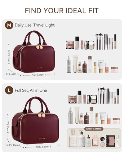 Prite Large Makeup Bag, Waterproof Travel Cosmetic Case with Brush Holder - color: Burgundy, size: Large