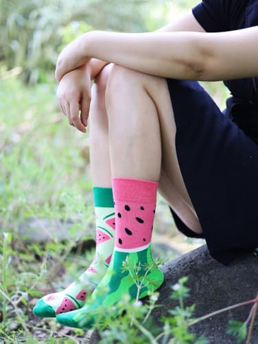 2 Pairs Cartoon Animal Crew Socks Fun Cotton Mid Calf Socks for Women - color: Watermelon