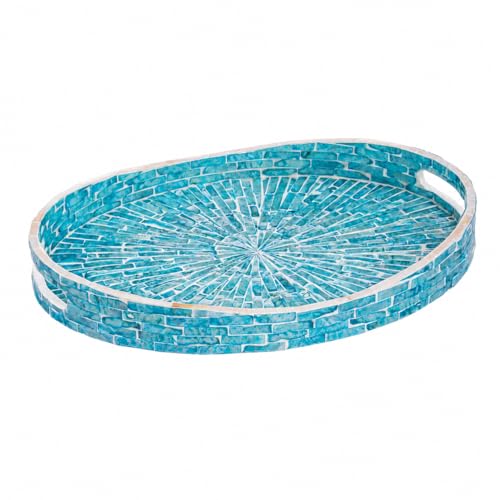 PEMAR 15.7" x 11.8" Oval Capiz Shell Serving Tray, Decorative Ottoman Tray for Living Room, Coffee Table, Breakfast in Bed, Candle Display (Teal Sunlight) - color: Teal Sunlight