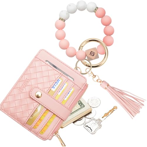 COOLANS Silicone Bracelet Wristlet Wallet Credit Card Holder RFID ID Window Key Ring Tassel Slim Wallet Women Keychain Purse - color: Pink