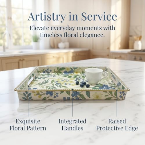 Decorative Serving Tray, Vintage Blue Berry Plastic Tray with Handles & Gold Rim, Multipurpose Storage Tray for Coffee Table, Bathroom, Kitchen & Entryway Home Decor. 15.7" x 11.8" x 1.57" - color: Blue&yellow