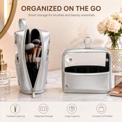 YDR Standing Makeup Brush Bag - Clear Portable Travel Cosmetic Pouch, Large Capacity Foldable Makeup Brush Holder, Water-Resistant Professional Makeup Tool Case for Women & Artists (Silver) - color: silver
