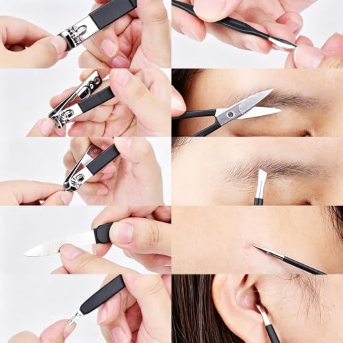 HANTEKAS Manicure Set 10 in 1 Stainless Steel, Nail Clippers Scissors Pedicure Tools Kit - Portable Travel Grooming Kit for Men and Women with Leather Case (Black Beige) - color: Black