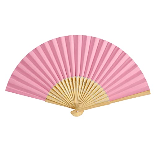 50pcs Paper Hand Fan with Organza Bags Bamboo Handheld Folding Fan DIY Decorative Wedding Party Favors (Pink) - color: Pink