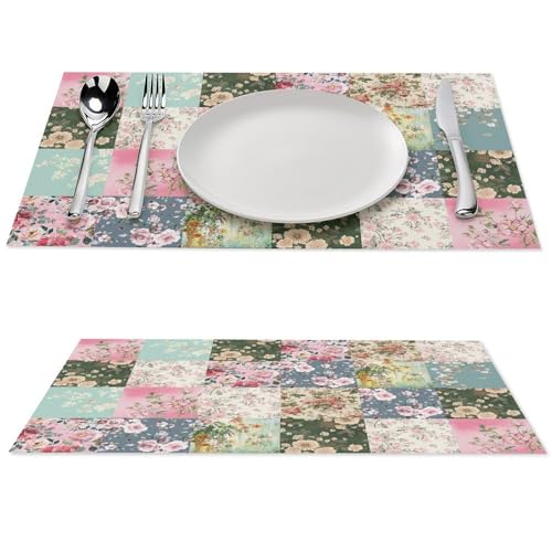 Boho Floral Placemats Set of 4, 12x18 Inch Vintage Colorful Patchwork Retro Flower Plaid Spring Farmhouse Holiday Coffee Table Mats for Party Kitchen Dining Decoration - color: Pm-patchwork02, size: 4pcs