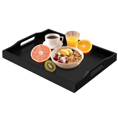 RRX Bamboo Food Serving Tray with Handles,Breakfast Bed Tray (Black) - color: Black