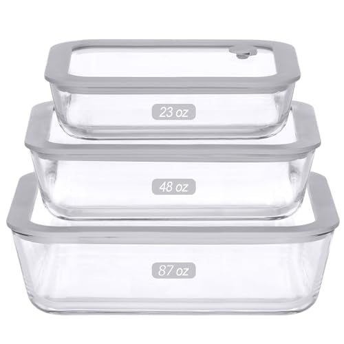 Glass Food Containers with Glass Lid, Microwave Safe Food Storage Container Set, 3 Pack of Large Size, Food Storage Containers with Lids, Meal Prep containers with Leak Proof Lid. - color: Grey-3R