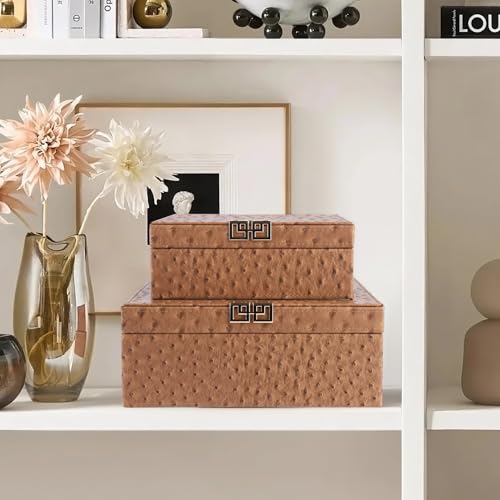 HofferRuffer Square Decorative Boxes, Set of 2 Nesting Storage Memory Keepsake Boxes with Lids, Stylish PU Leather Trinket Jewelry Organizer Box for Home Decor and Storage (Camel Ostrich) - color: Camel Ostrich
