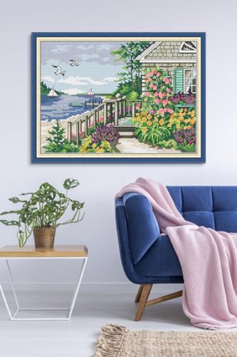 CROSSDECOR Cross Stitch Kits for Adults,Stamped Cross Stitch Kits,DIY Needlepoint Kits for Beginners Counted Embroidery Craft Supplies for Home Décor,Cottage by the Water 11.8×8.2in - color: Cottage by the Water 11.8×8.2in