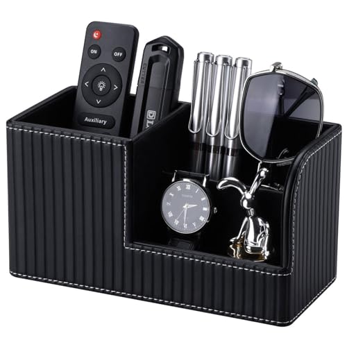 KINGFOM Desk Pen Organizer Office Supplies Caddy Pu Leather Multi-function Storage Box Pen/Pencil,Cell phone, Business Name Cards Remote Control Holder (Black) - color: Black