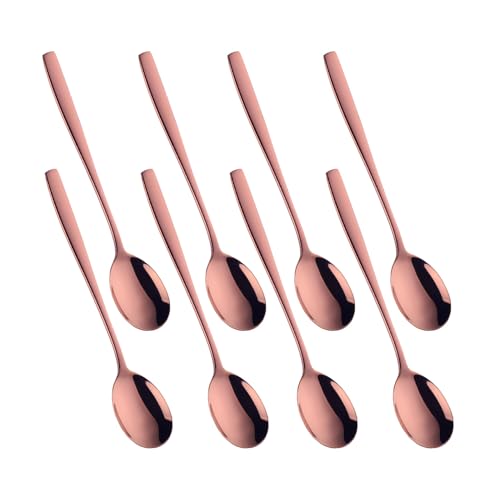Metal Round Spoons, 8 inch Stainless Steel Reusable Long Handle Korean Soup Spoons, Table Dinner Desert Spoon Set of 8(Rose Gold) - size: Rose Gold
