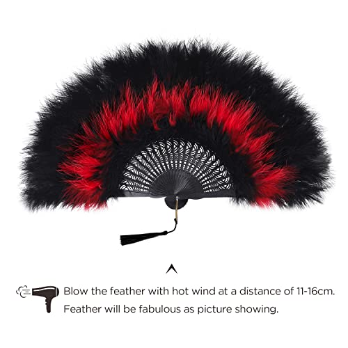 BABEYOND 1920s Marabou Feather Folding Hand Fan - color: Black&red-black Rib