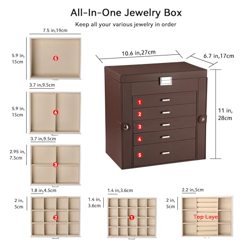 Frebeauty 6-Layer Jewelry Box for Women,Large Jewelry Organizer with Drawer - color: Dark Brown, size: Large