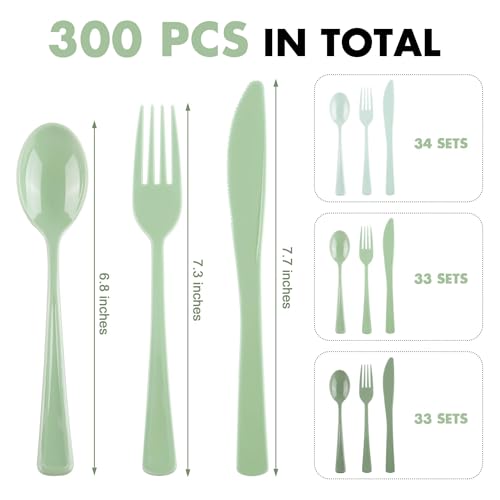 Kochorie 300 Pieces Sage Green Plastic Silverware with Spoons Forks Knives - color: Sage Green