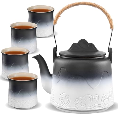 ZENS Japanese Tea Set with 4 Cups, 33.8oz Ceramic Infuser Pot for Loose Tea - color: Black/White, size: 33.8oz Teapot&4 of 8oz Cups