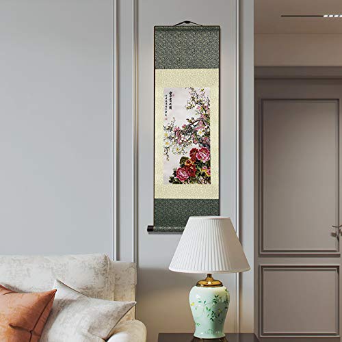 AtfArt Silk Scroll Painting, Asian Wall Art, Flowers, 36.2x12in - color: D01