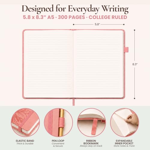 Lined Journal Notebook Hardcover Leather Bound 300 Pages A5 Pink Cute Diary - color: Pink, size: A5 300 Pages
