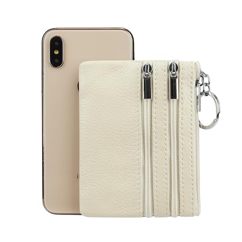 Women Genuine Leather Coin Purse Keychain Change Purse - color: Beige