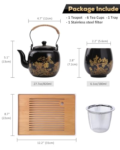 Dujust Japanese Tea Set, Black Porcelain Tea Set with 1 Teapot Set, 6 Tea Cups, 1 Tea Tray, 1 Stainless Infuser, Beautiful Asian Tea Sets for Adults, Tea Lover/Women/Men (Countryside in Golden) - color: Black