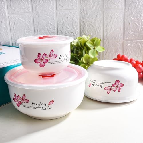 Ceramic Food Storage Bowl with Lids Set of 3, Cherry Blossom Nesting Bowls