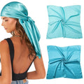 AWAYTR 2-Pack 35" Silk-Like Satin Head Scarves for Women, Square Bandanas - color: Blue/Pale Blue