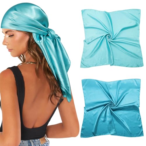 AWAYTR 2-Pack 35" Silk-Like Satin Head Scarves for Women, Square Bandanas - color: Blue/Pale Blue