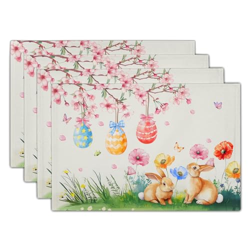Giwawa Easter Placemats Set of 4 Spring Bunny Rabbits Flowers Place Mat 12x18 Inch Colorful Eggs Tree Floral Table Mats Washable Satin Resistance for Party Kitchen Dining Holiday Decor - color: Easter
