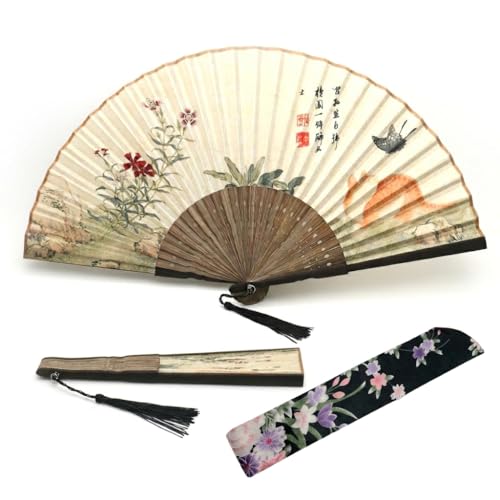 Japanese Style Folding Hand Fan for Women with Fabric Sleeve & Tassel, Handcrafted Bamboo Accessory with Butterfly, Floral & Cat Painting, Portable Cooling Tool for Gifts, Dance, Wedding - color: Butterfly, Floral & Cat